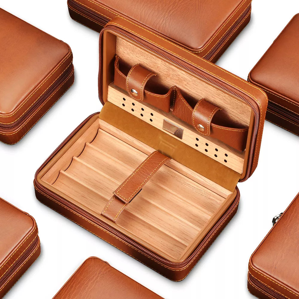 Portable Cedar Wood Cigar Humidor Box Travel Leather Cigar Case Storage 4 Cigars Box Humidor Humidifier For Sigar - woodenworld
