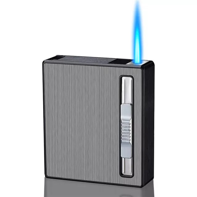 Metal 20Pcs Cigarettes Holder Case Windproof Straight Jet Flame Cigarette Lighter Automatic Bounce Smoke Gas Lighter Men Gadgets - woodenworld