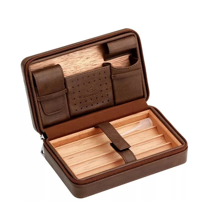 Portable Cedar Wood Cigar Humidor Box Travel Leather Cigar Case Storage 4 Cigars Box Humidor Humidifier For Sigar - woodenworld