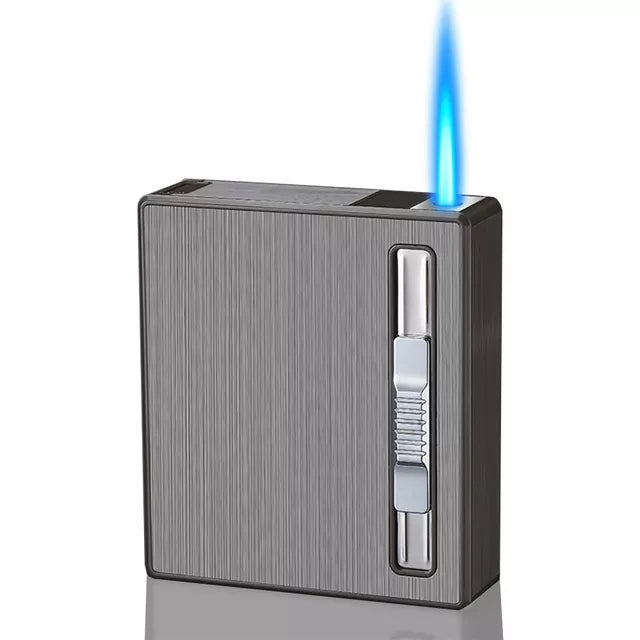 Metal 20Pcs Cigarettes Holder Case Windproof Straight Jet Flame Cigarette Lighter Automatic Bounce Smoke Gas Lighter Men Gadgets - woodenworld