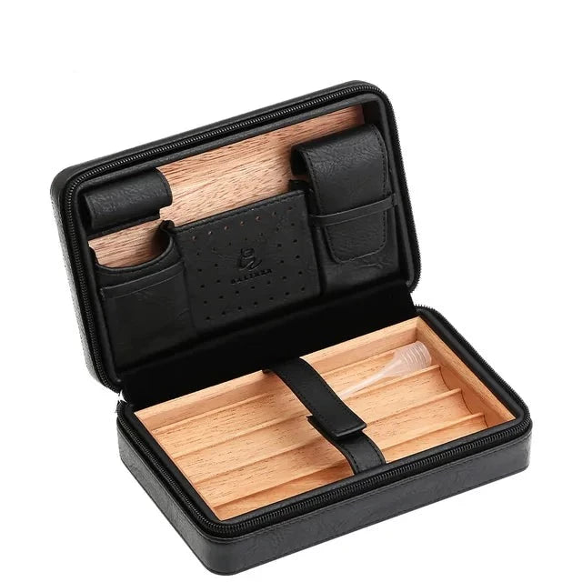Portable Cedar Wood Cigar Humidor Box Travel Leather Cigar Case Storage 4 Cigars Box Humidor Humidifier For Sigar - woodenworld