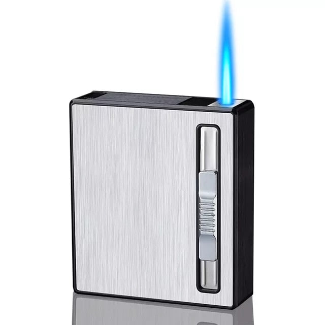 Metal 20Pcs Cigarettes Holder Case Windproof Straight Jet Flame Cigarette Lighter Automatic Bounce Smoke Gas Lighter Men Gadgets - woodenworld