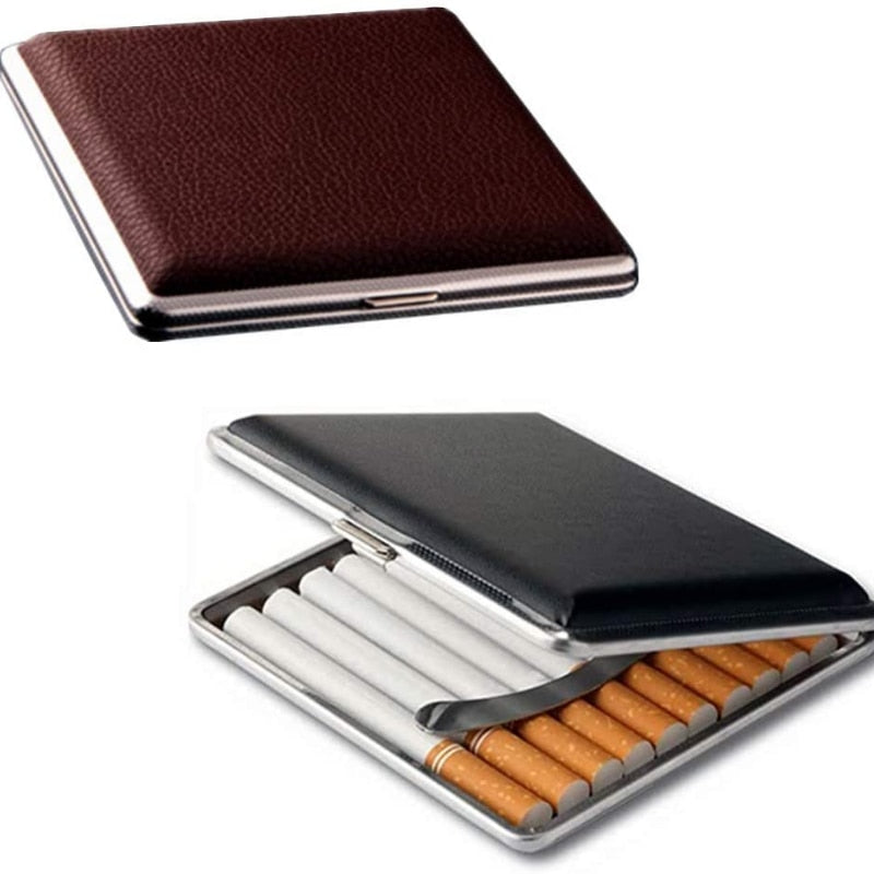 20Sticks Gift for Men's Leather Cigarette Box Cigar Case Metal Leather Smoking Accessories Cigarette Lady Storage Cover Hold - woodenworld