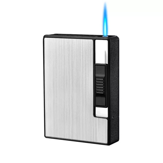 Metal 20Pcs Cigarettes Holder Case Windproof Straight Jet Flame Cigarette Lighter Automatic Bounce Smoke Gas Lighter Men Gadgets - woodenworld