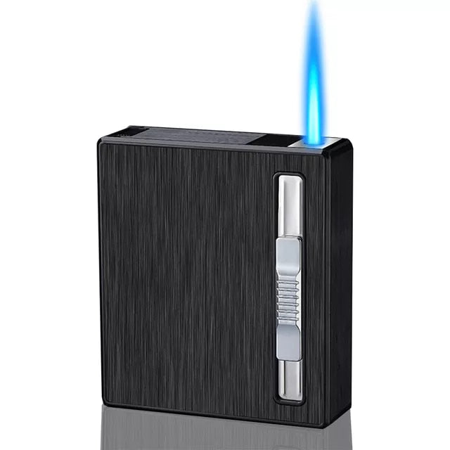 Metal 20Pcs Cigarettes Holder Case Windproof Straight Jet Flame Cigarette Lighter Automatic Bounce Smoke Gas Lighter Men Gadgets - woodenworld
