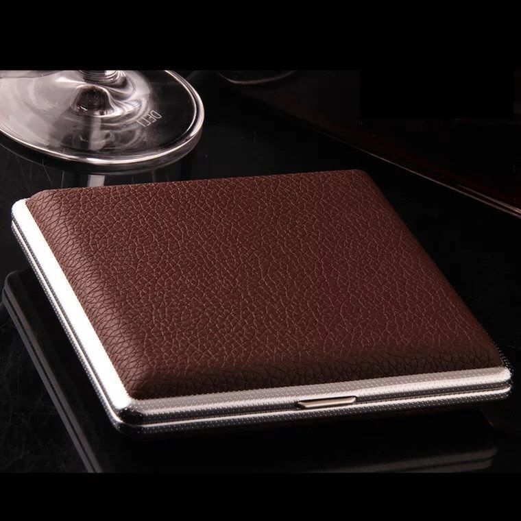 20Sticks Gift for Men's Leather Cigarette Box Cigar Case Metal Leather Smoking Accessories Cigarette Lady Storage Cover Hold - woodenworld
