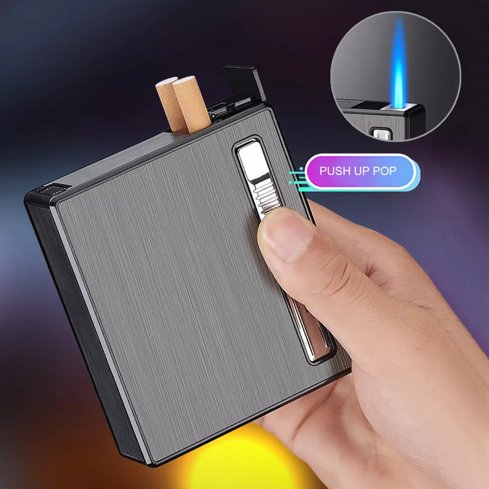Metal 20Pcs Cigarettes Holder Case Windproof Straight Jet Flame Cigarette Lighter Automatic Bounce Smoke Gas Lighter Men Gadgets - woodenworld