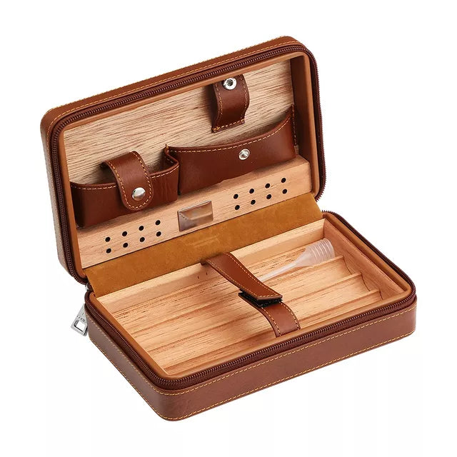 Portable Cedar Wood Cigar Humidor Box Travel Leather Cigar Case Storage 4 Cigars Box Humidor Humidifier For Sigar - woodenworld