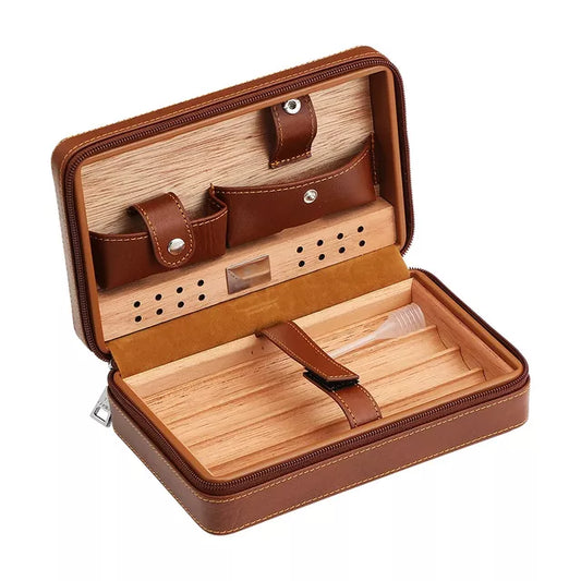 Portable Cedar Wood Cigar Humidor Box Travel Leather Cigar Case Storage 4 Cigars Box Humidor Humidifier For Sigar - woodenworld
