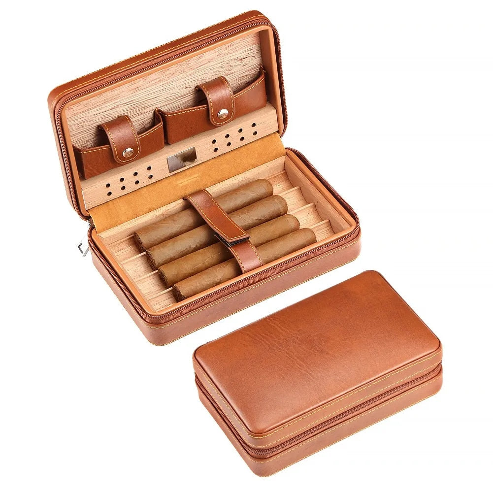 Portable Cedar Wood Cigar Humidor Box Travel Leather Cigar Case Storage 4 Cigars Box Humidor Humidifier For Sigar - woodenworld