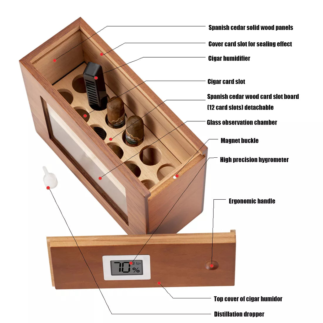Wooden Humidor Box For Cigar W/ Hygrometer Humidifier Portable Glass Window Cedar Wood Case Fit 12-25 Cigars Storage Cabinet - woodenworld