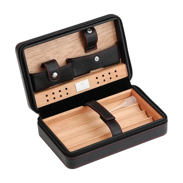 Luxury Cigar Cedar Wood Humidor Portable Travel Leather Cigar Box