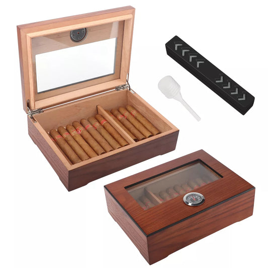 Cedar Wood Cigar Humidor W/ Hygrometer Humidifier Portable Smoking Box Accessories Glass Window Cigarette Case For Cohiba - woodenworld